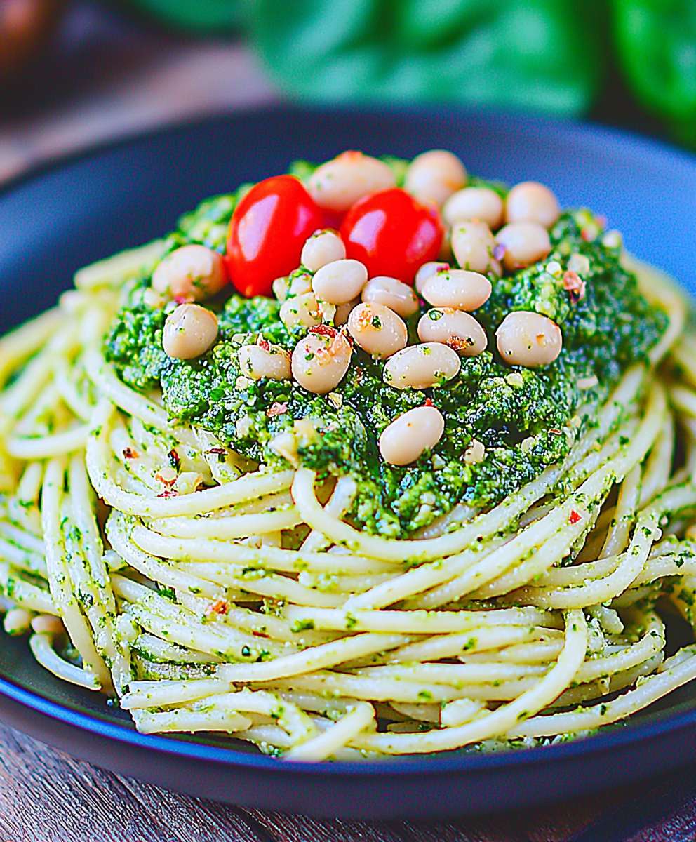 Spinach white bean pesto pasta