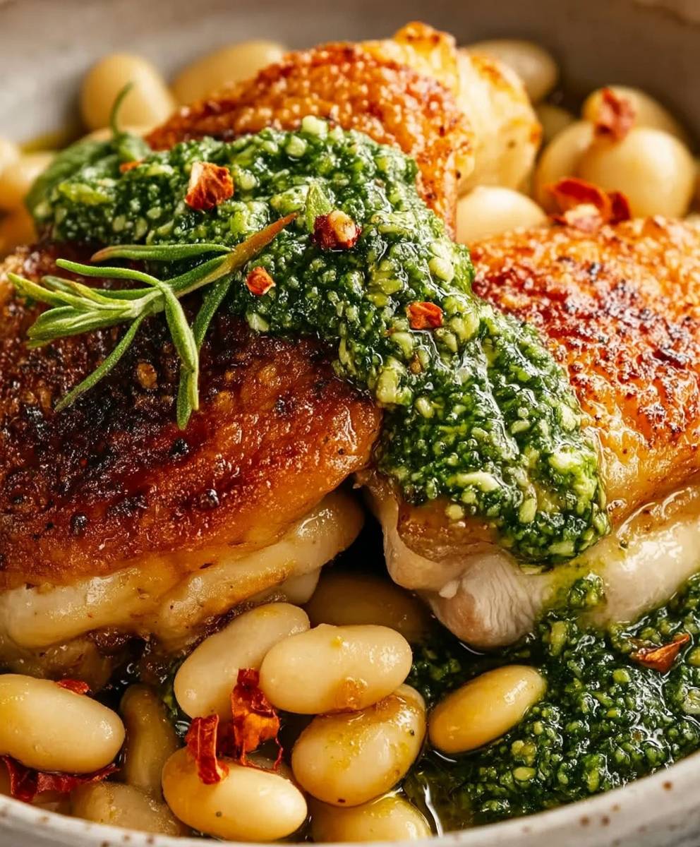 Crispy chicken cannellini beans pesto