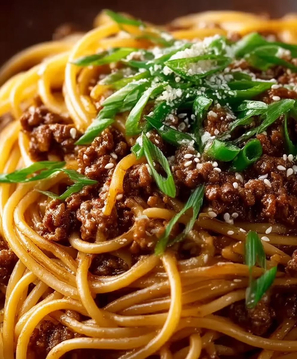 Asian ground beef spaghetti