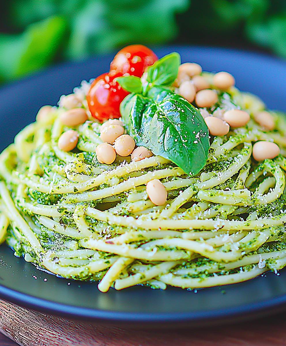 Spinach white bean pesto pasta