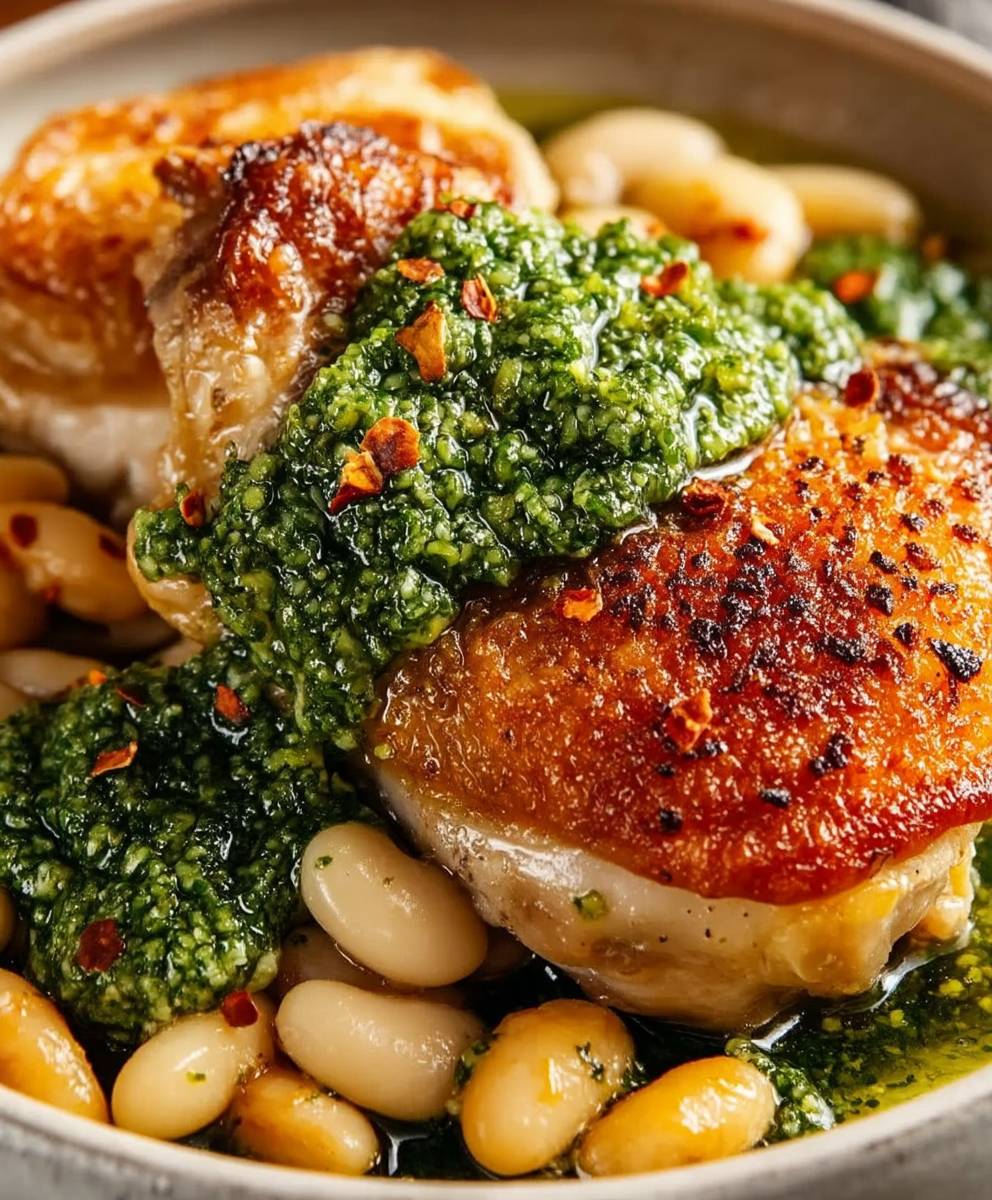Crispy chicken cannellini beans pesto