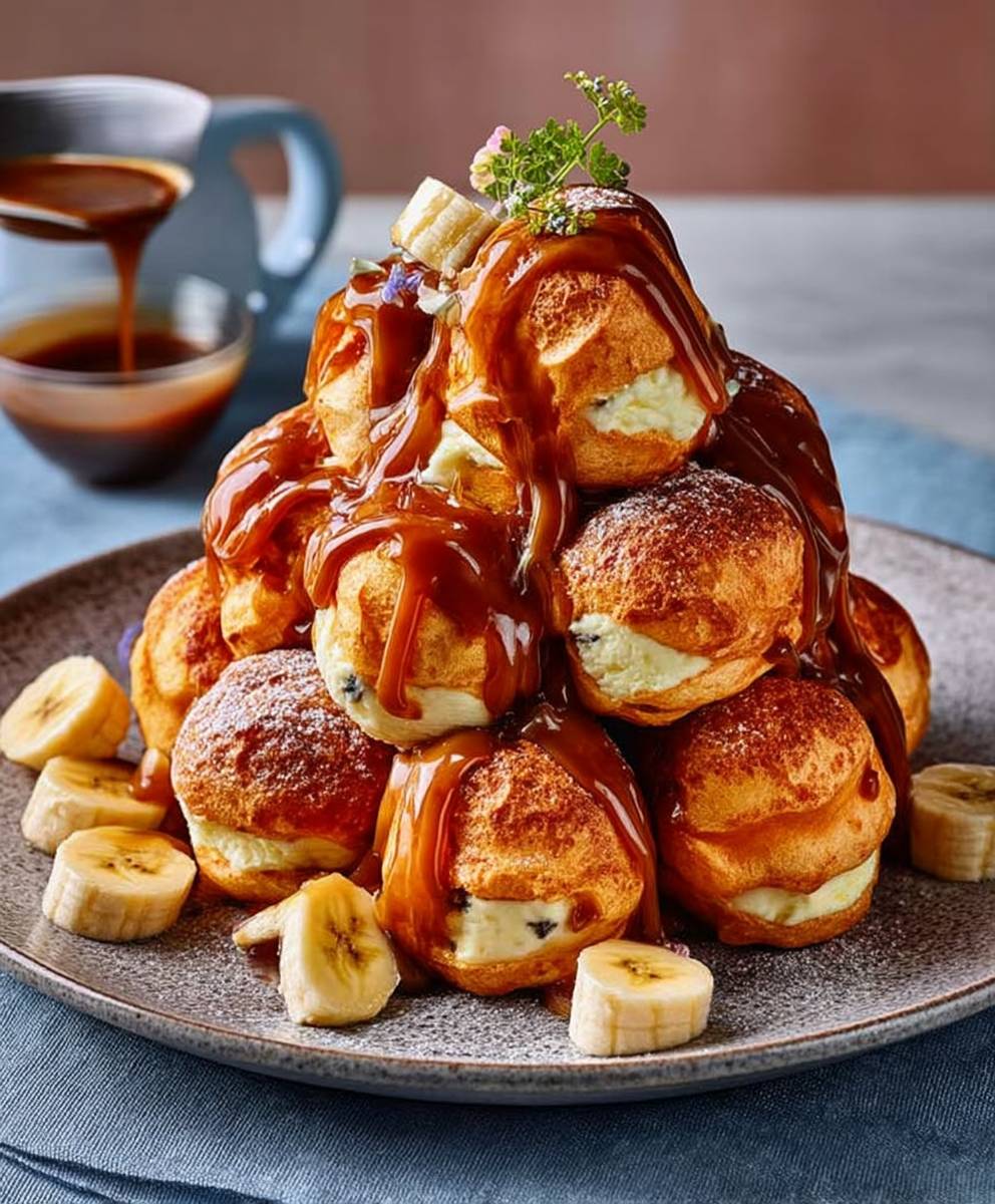 Cheesecake profiteroles banana toffee