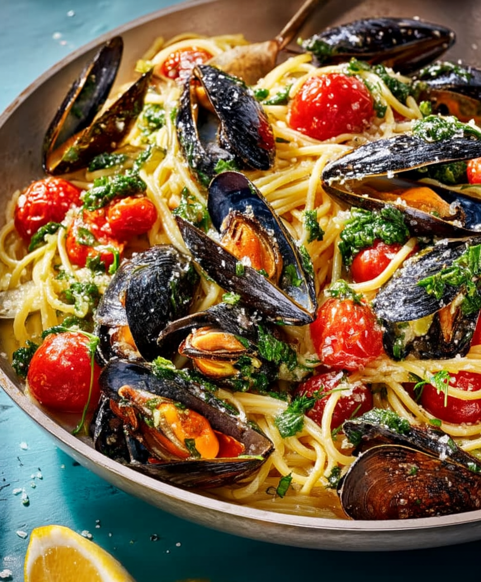 Garlic butter mussels linguine