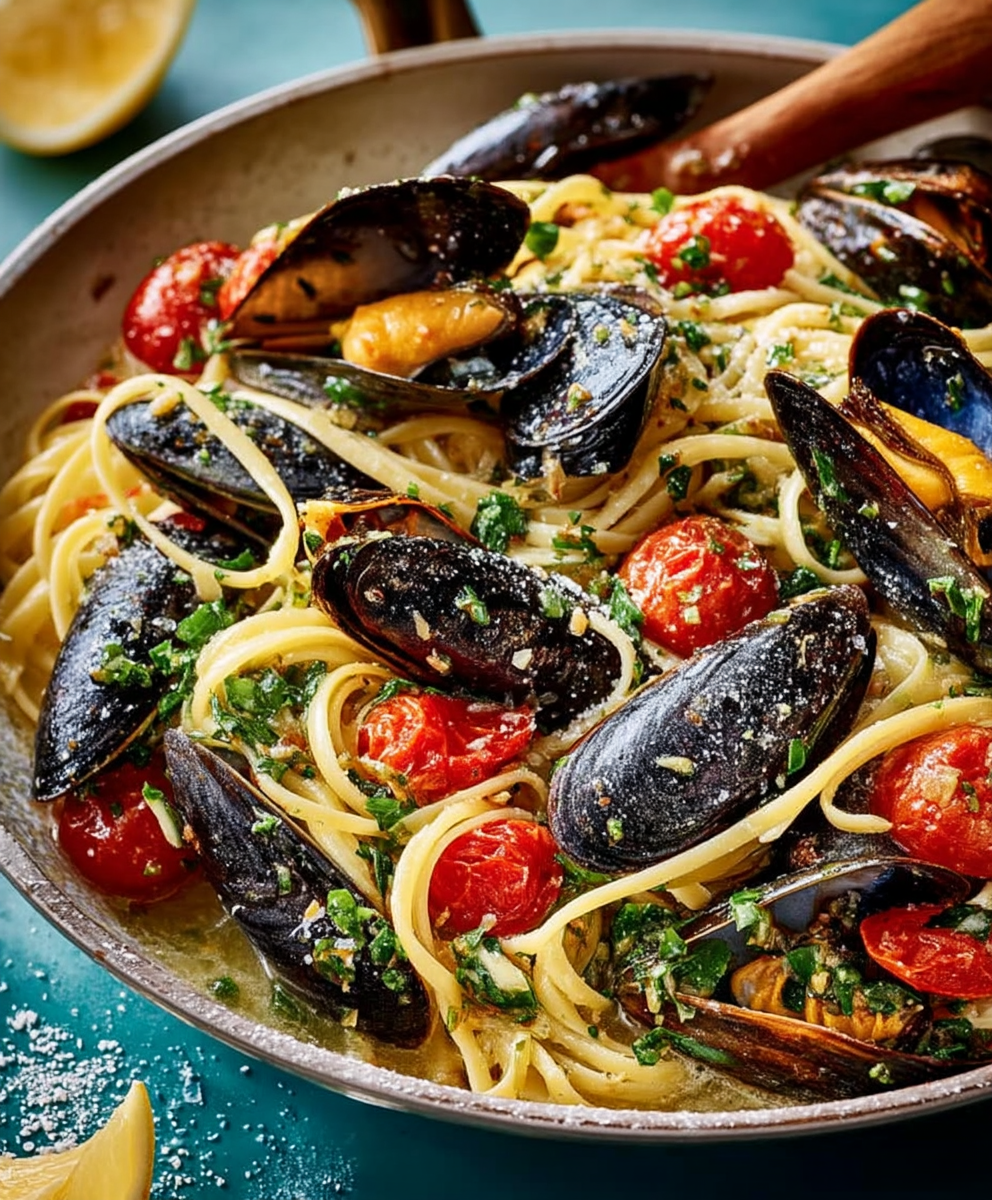 Garlic butter mussels linguine